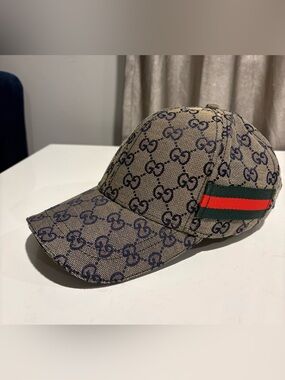 Gucci Beige GG Canvas Cap with Navy Monogram and Green-Red Web, Authentic